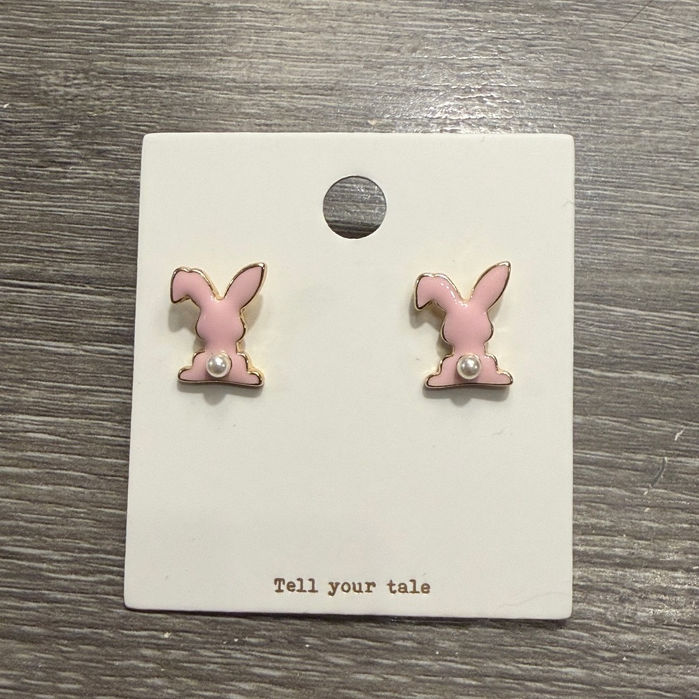 New With Tags…Boutique…Small Pink Bunny Earrings With Faux Pearl Detail